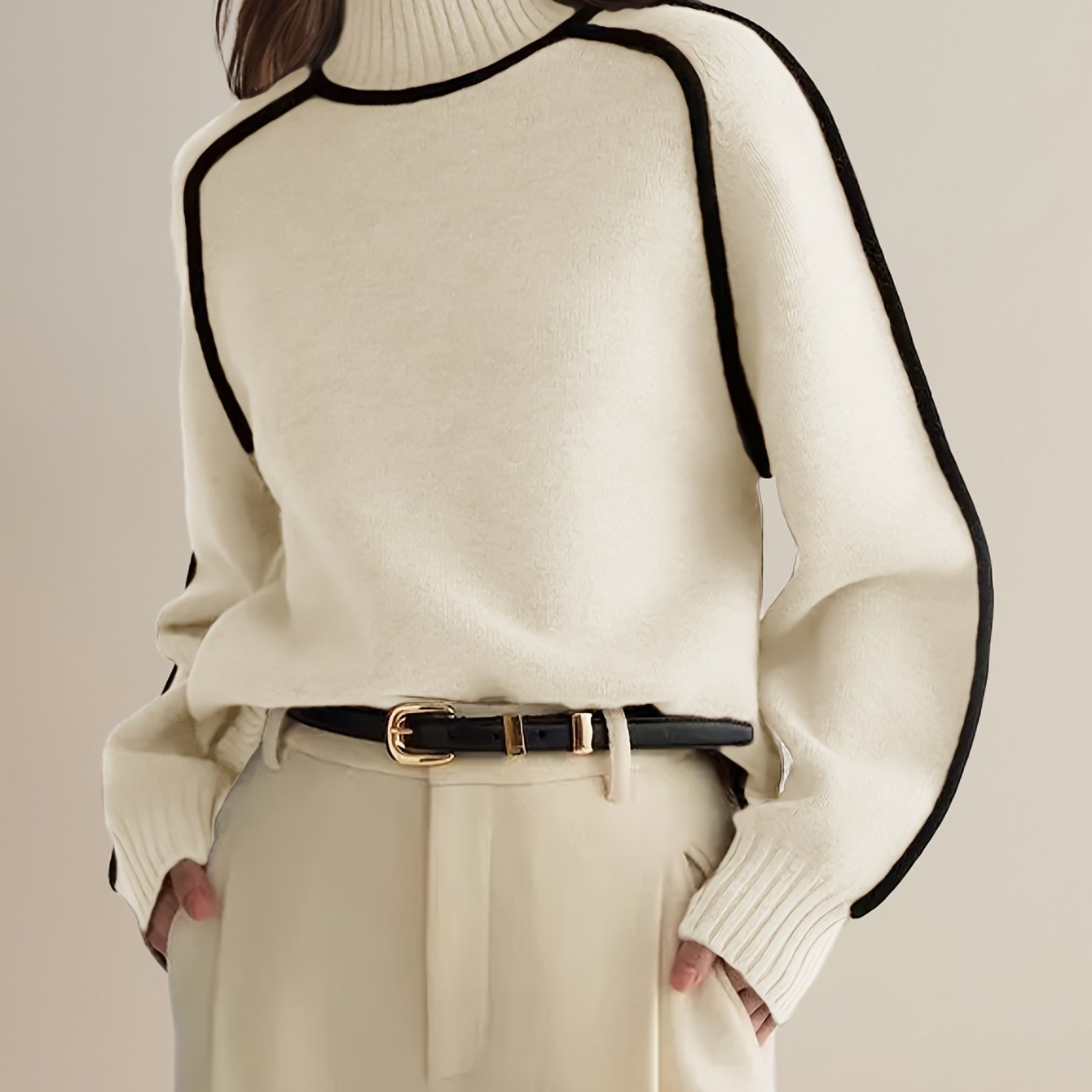 Cecilia | Hoge hals trui voor dames – Contrasterende rand, effen kleur, warme wintertrui