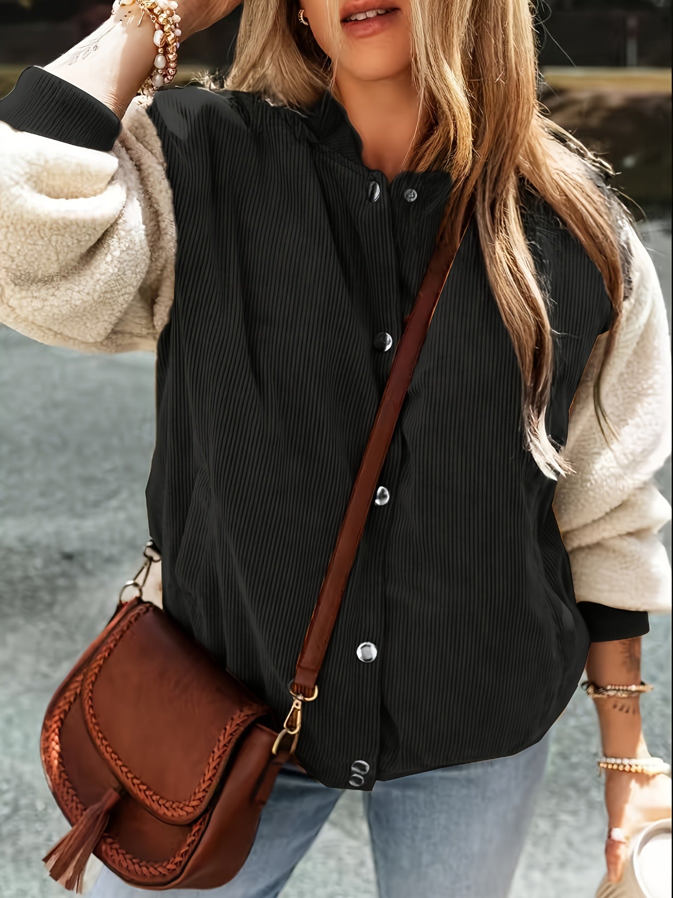 Brivienne | Elegante baseballkraagjas met kleurblokken, warm corduroy, herfst-/winterbovenkleding