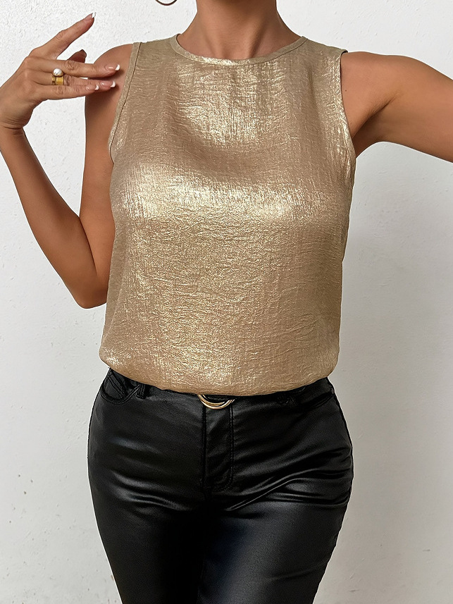 Alvilda | Vrouwen Metallic Goud Mouwloze Blouse - Elegante V-Hals Party Top