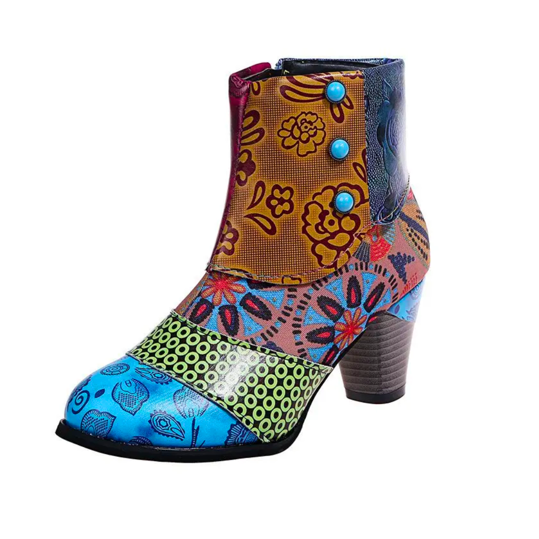 Folkiva | Kleurrijke Boho Patchwork Laarzen met Hak voor Vrouwen - Retro Enkellaarsjes met Ritssluiting