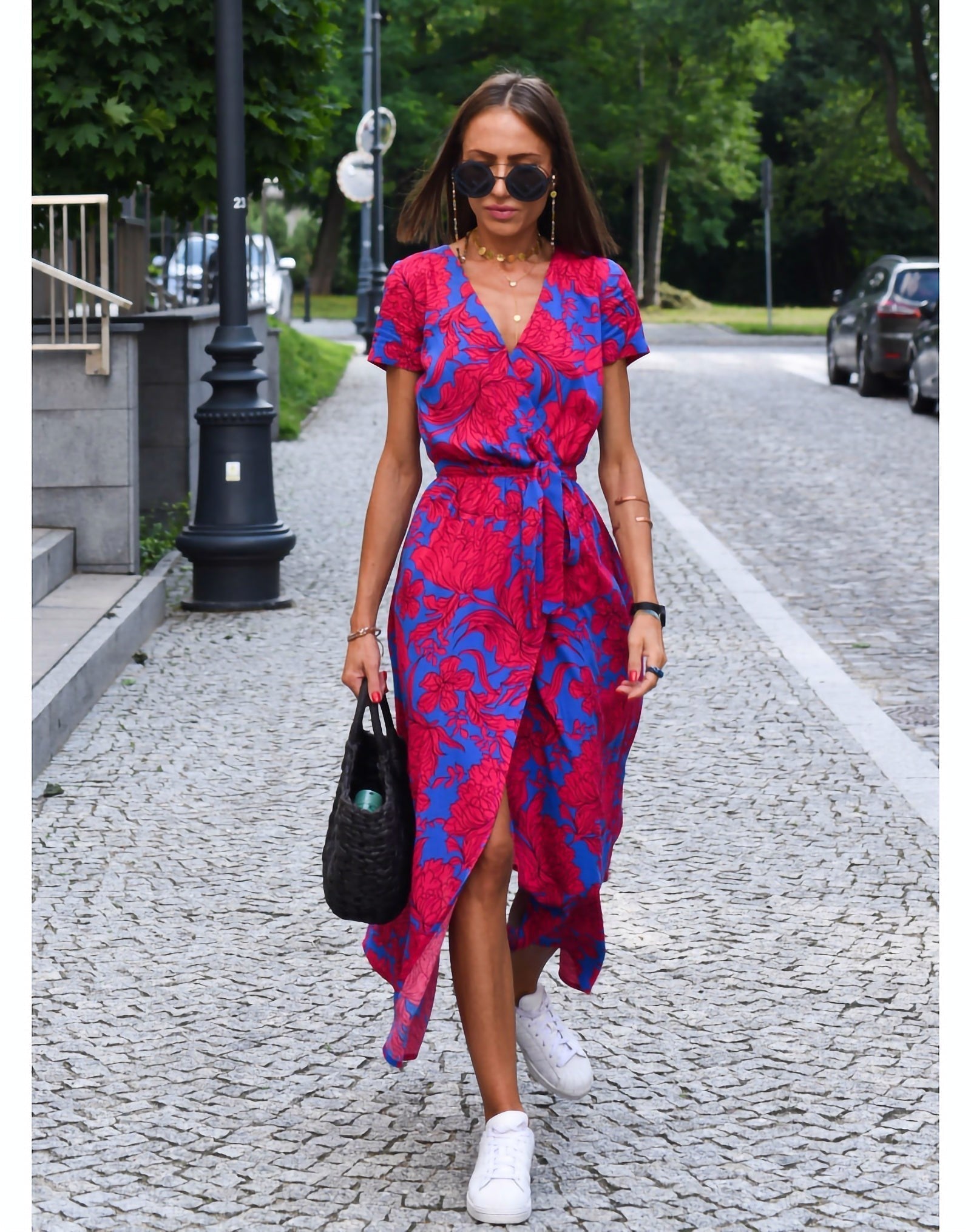 Bledina | Maxi jurk met levendige bloemenprint - Taillekoord, Lichtgewicht jurk