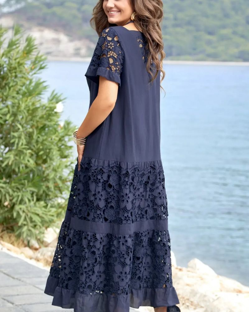 Wynessa | Elegante Geborduurde Maxi Jurk - Holle Kanten Korte Mouwen & Rok, Vloeiend & Chic