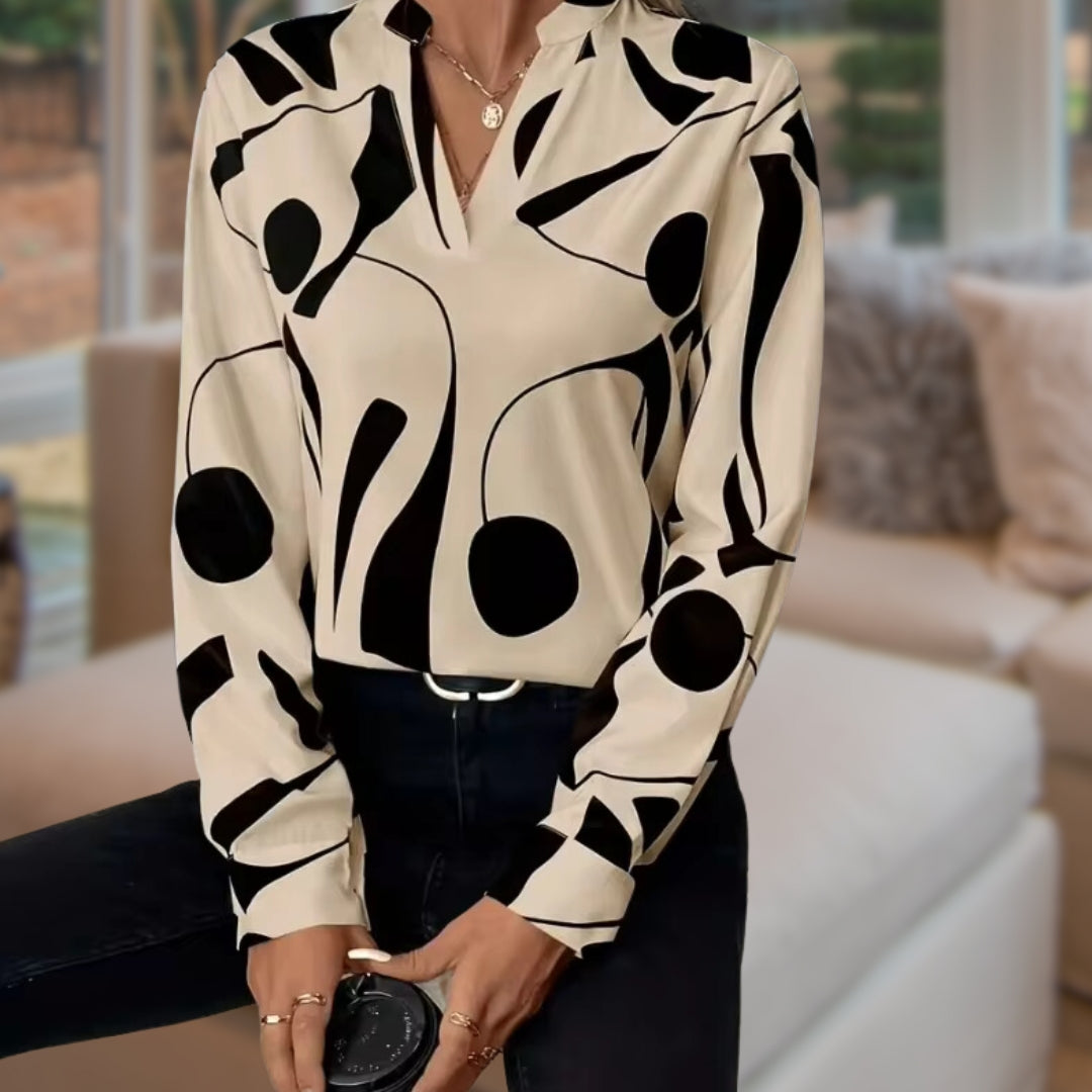 Fialith | Women's Geometric Abstract Print Long Sleeve V-Neck Blouse – Casual Loose-Fit Top