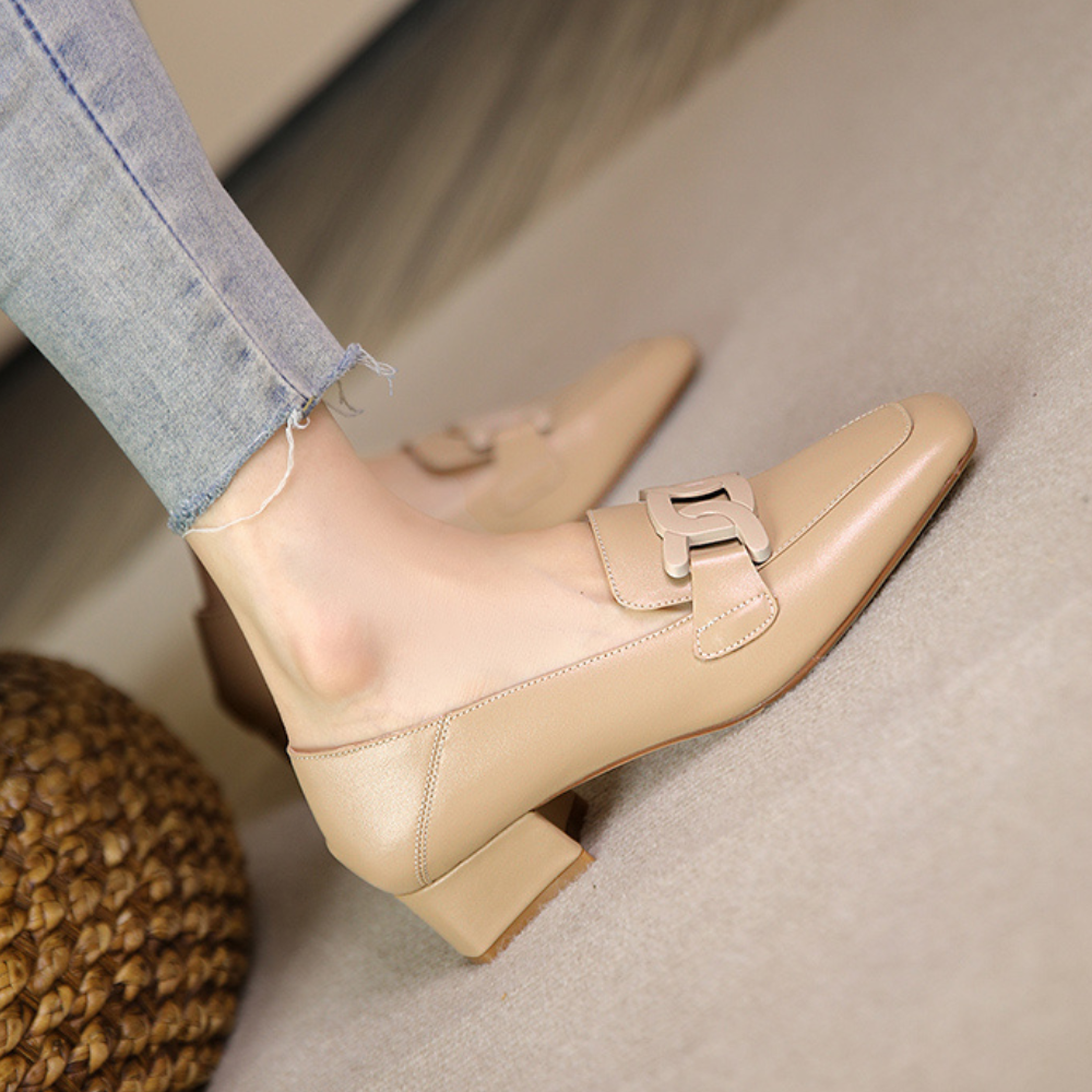 Evrynth | Dames leren loafers - Elegant gespdesign, dikke hakken
