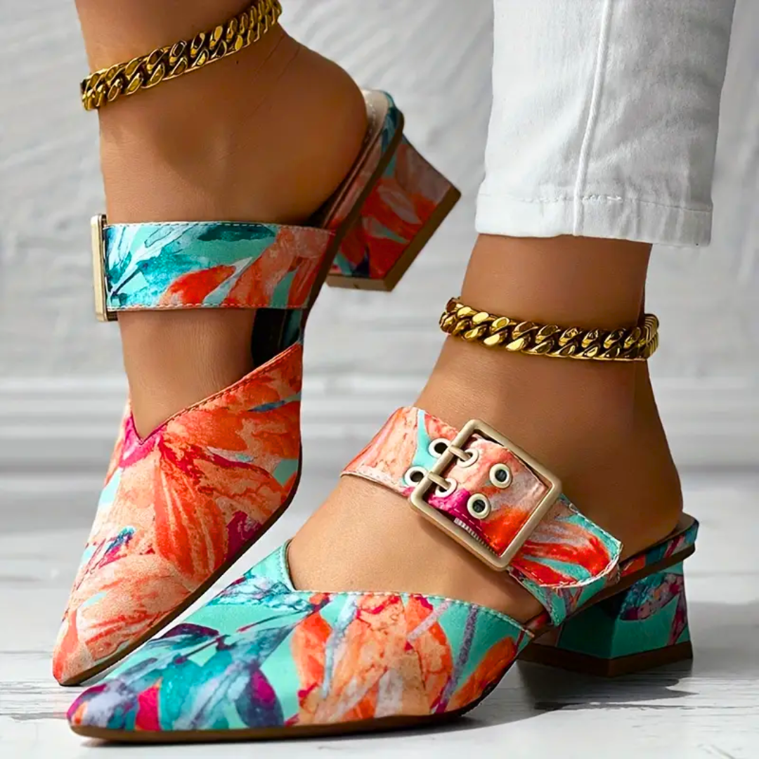 Anke | Vrouwen kleurrijke Slip-on puntige teen blokhak sandalen