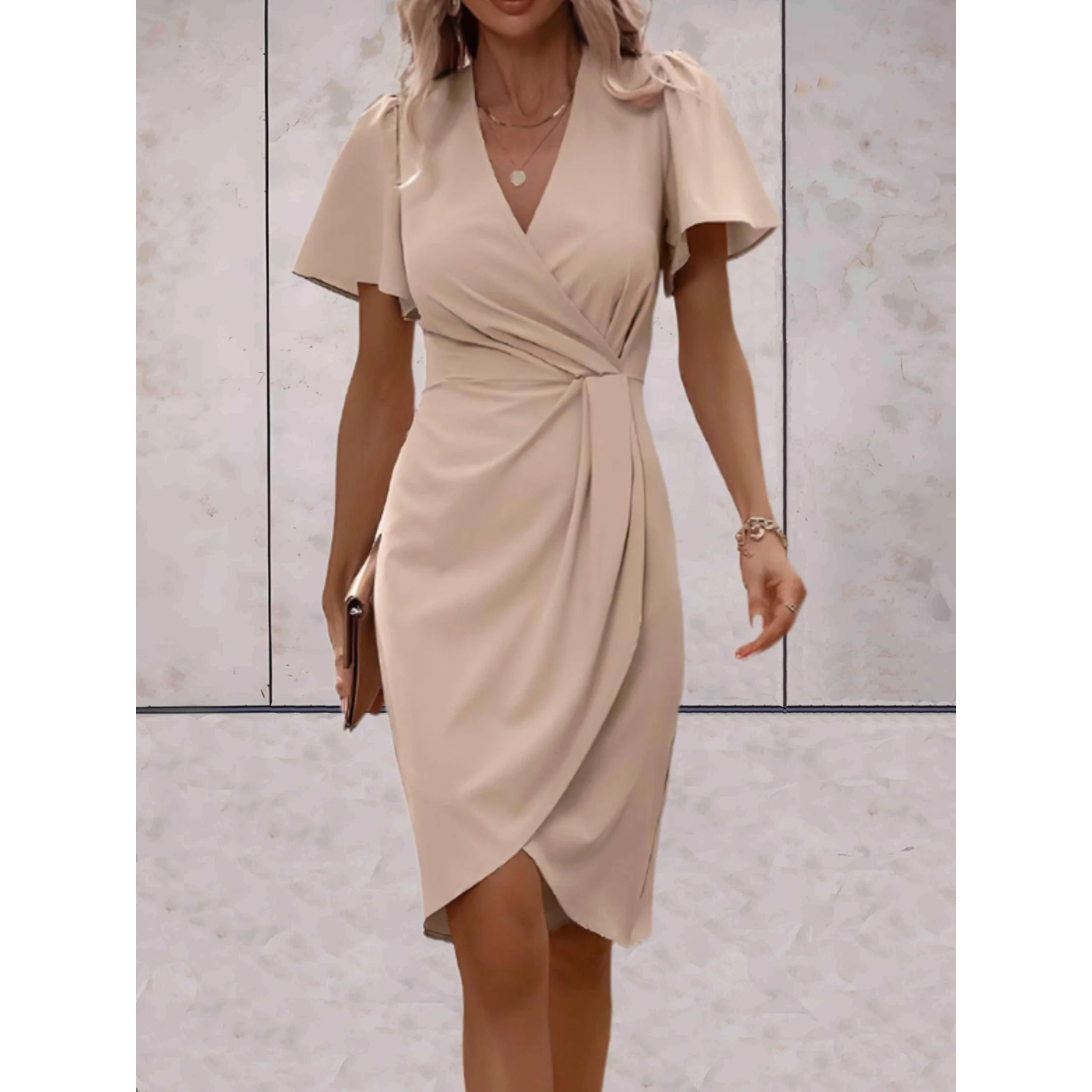 Omara | Elegante vrouwen wikkeljurk - V-hals, korte mouwen, vloeiende pasvorm, casual tot formele midi-jurk