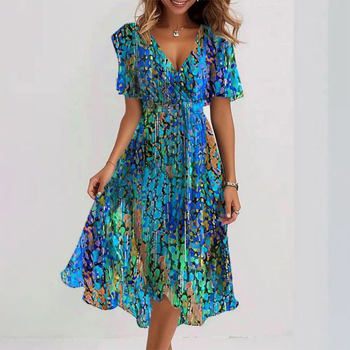 Katleen | Bedrukte chiffon midi-jurk met V-hals - Elegante en stijlvolle damesjurk