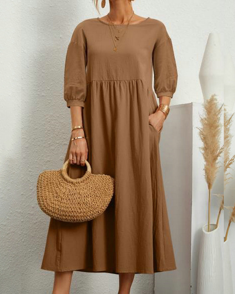 Tiana | Dames Midi-jurk van katoen en linnen - Ballonmouwen, Casual Boho Chic Jurk