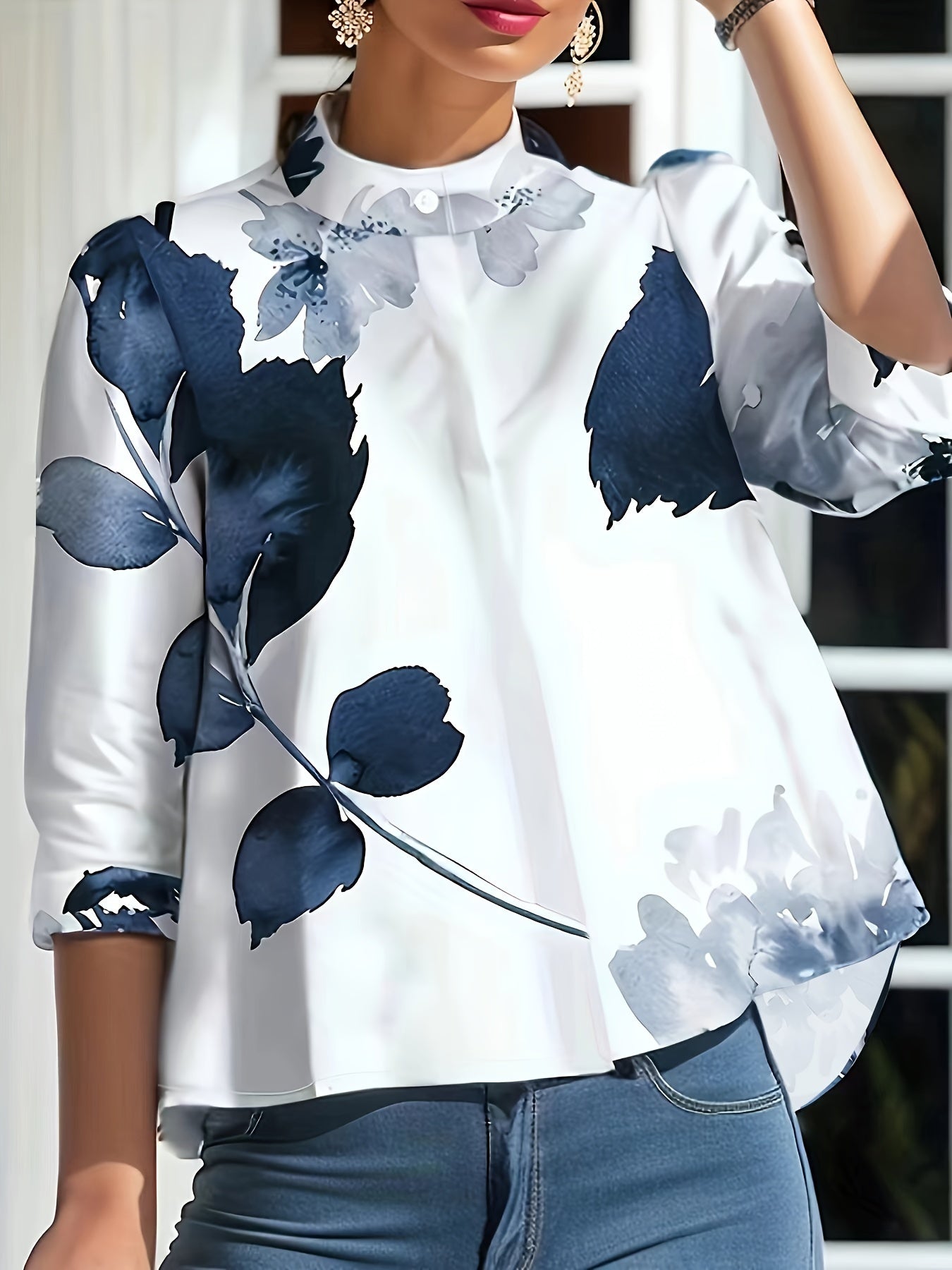Mechtild | Damesbloemenblouse met gebloemde hals - Casual 3/4 mouwen elegante top
