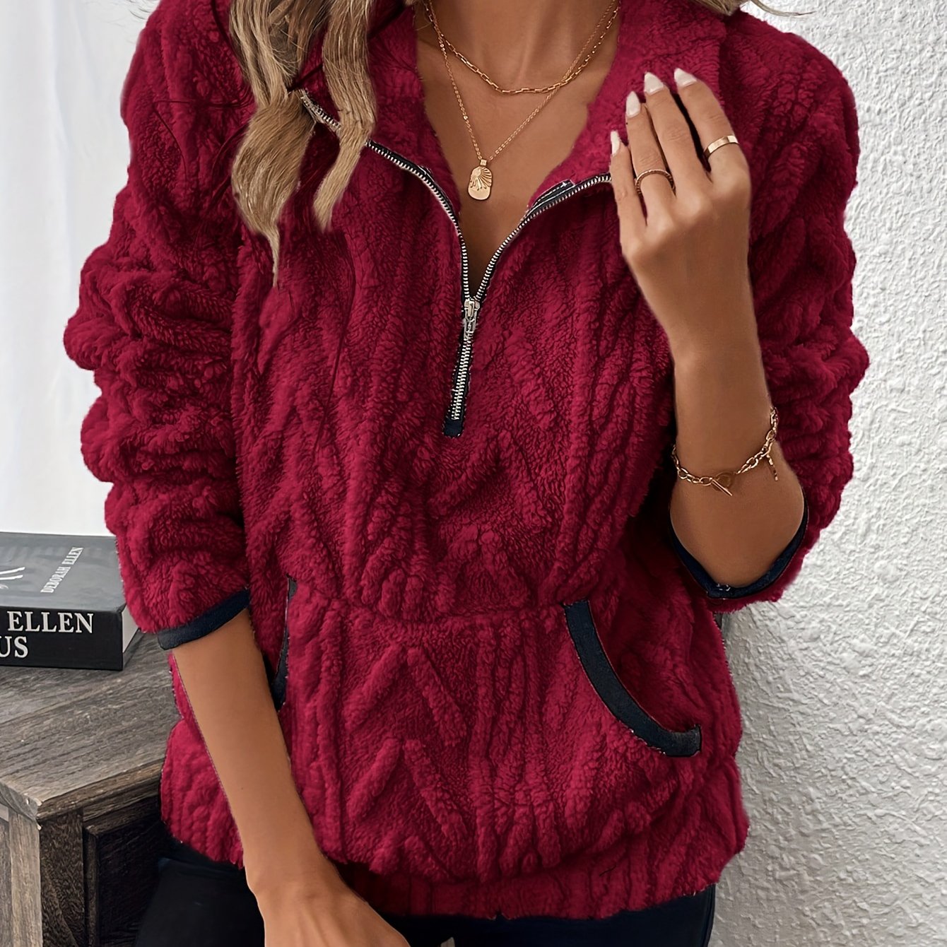 Evodia | Dames sweatshirt met pluizige stof, pullover met halve ritssluiting, casual comfortabele top met lange mouwen