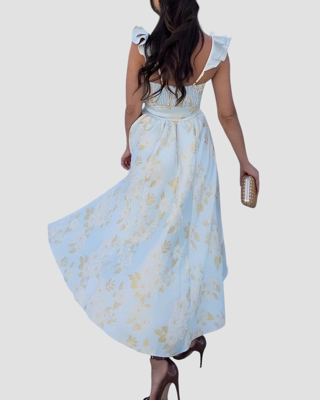 Saela | Elegante Mouwloze Zomerjurk voor Vrouwen - Ruches, Strik Taille, Bloemige Midi Jurk