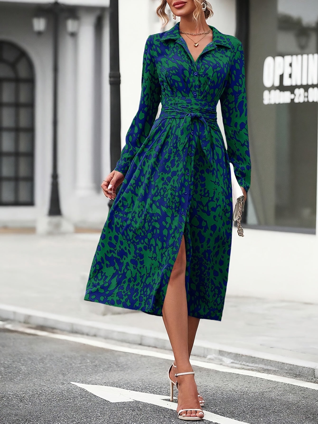 Solvita | Elegante overhemdjurk met geometrische print - Midi tuniek met tailleband