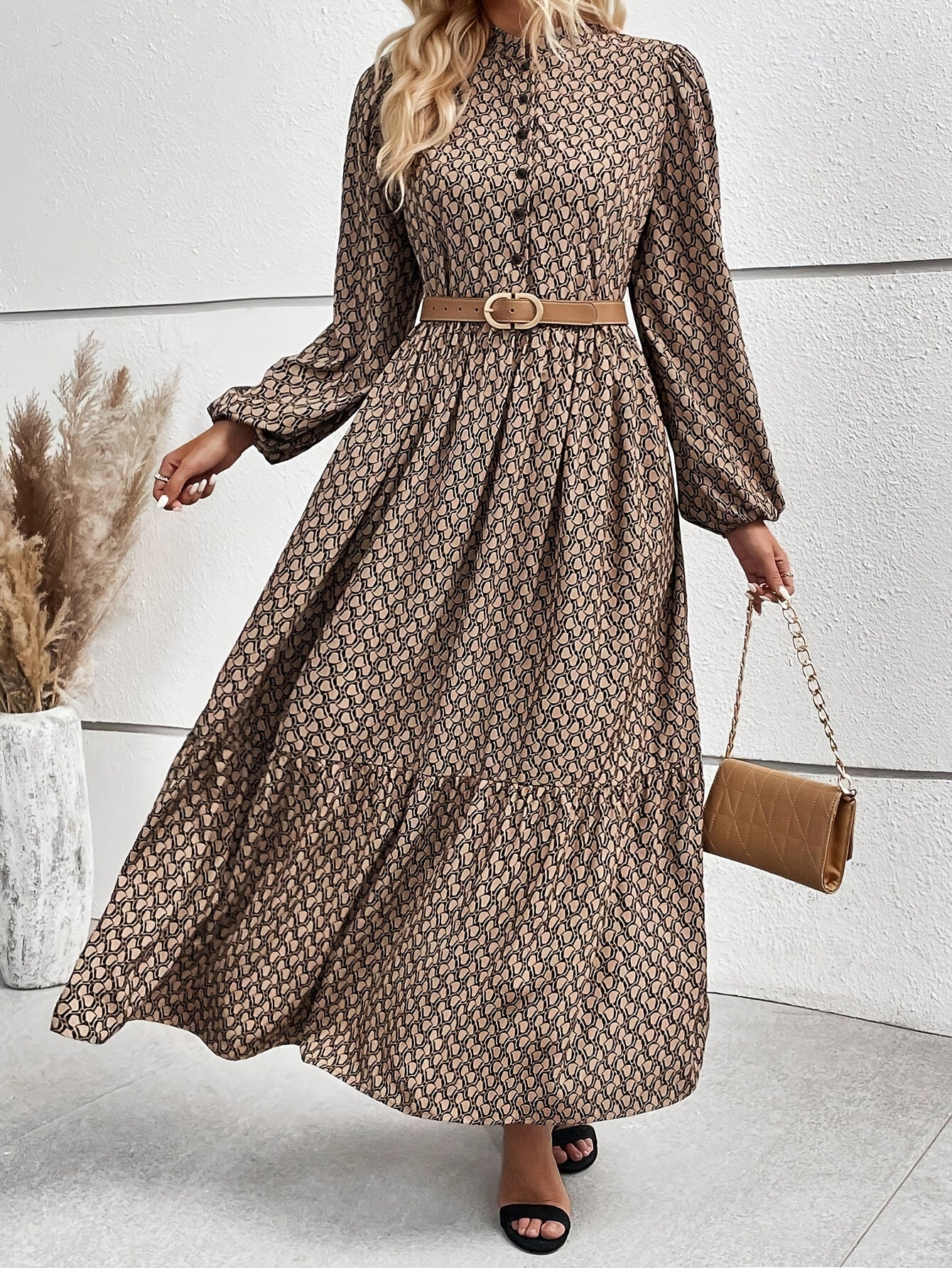 Luciana | Allover print jurk met knoopsluiting, Elegante Lantaarn Mouwen Soepelvallende Jurk voor Dames