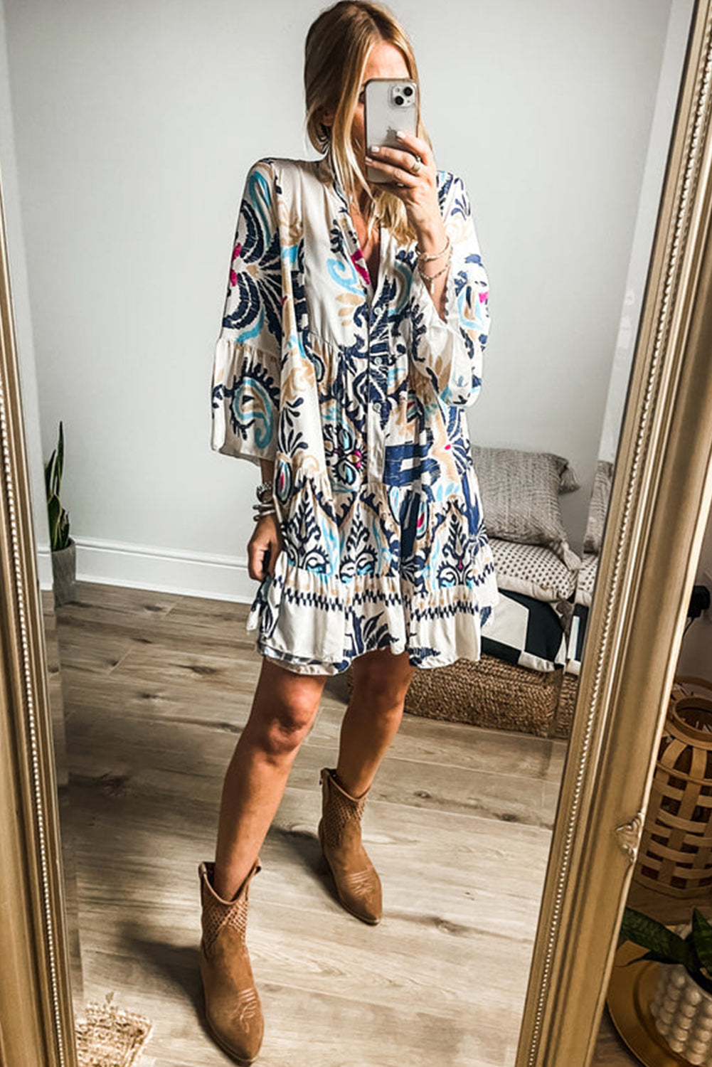 Ravienna | Mini-jurk met Tribalprint voor dames - Button-Up, Armbandmouw, Boho Chic