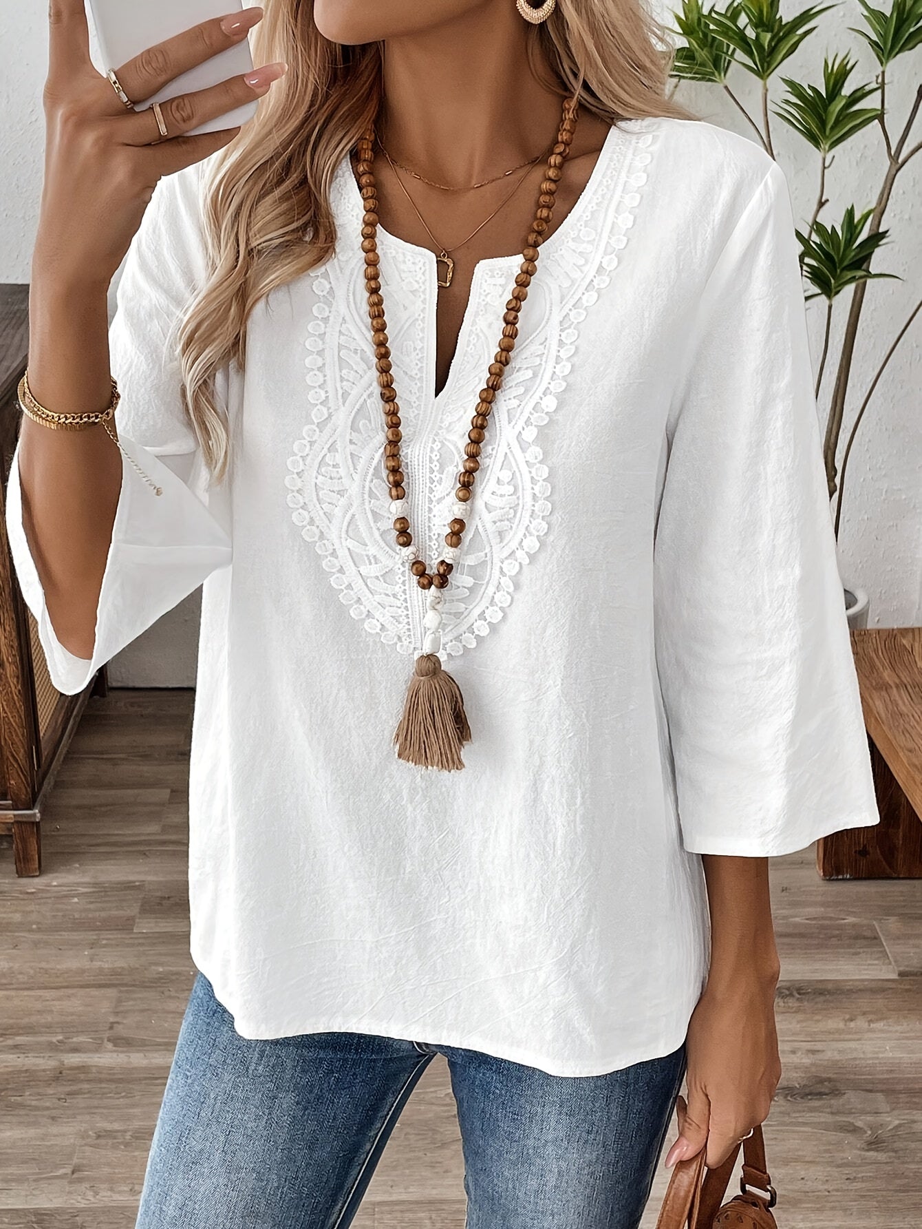 Kaari | Vrouwen Vintage Boho V-Hals Blouse - 3/4 Mouwen, Kanten Detail, Wit