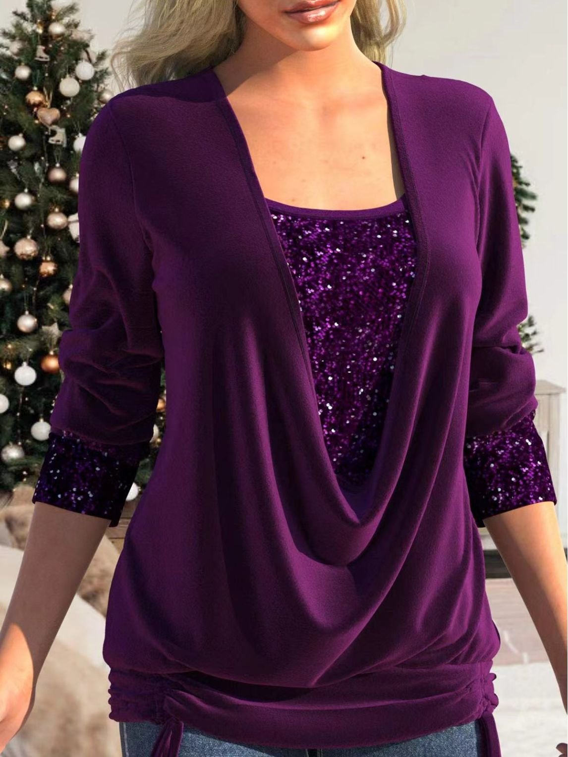 Cevania | Damesblouse met lovertjes en glitter - Feestelijke top, feestelijk shirt met lange mouwen