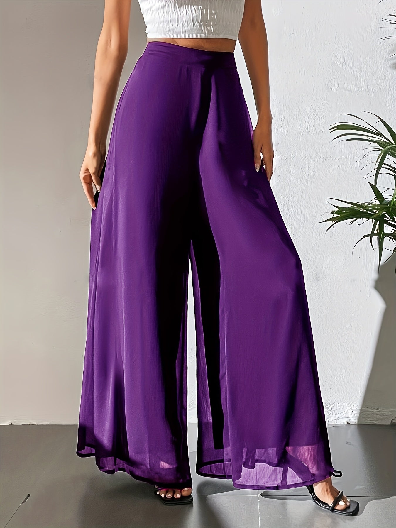Maurelle | Hoge taille chiffon broek met wijde pijpen voor dames – Uitlopend, transparante mesh overlay
