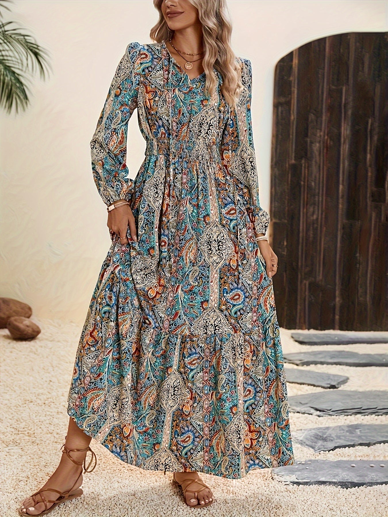 Rosmira | Boho Paisley Print Maxi Jurk - Elegante enkellange jurk