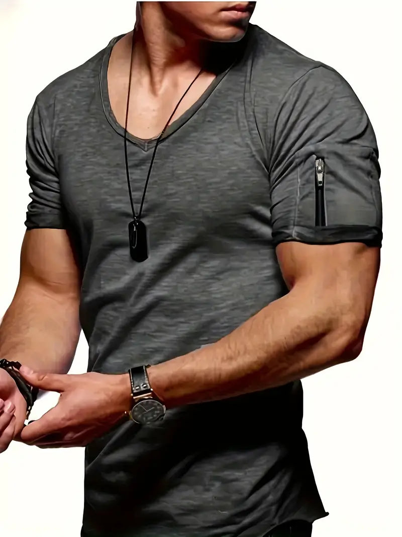 Gobor | Heren-T-shirt met V-hals en korte mouwen met ritsaccenten - Casual T-shirt van katoen