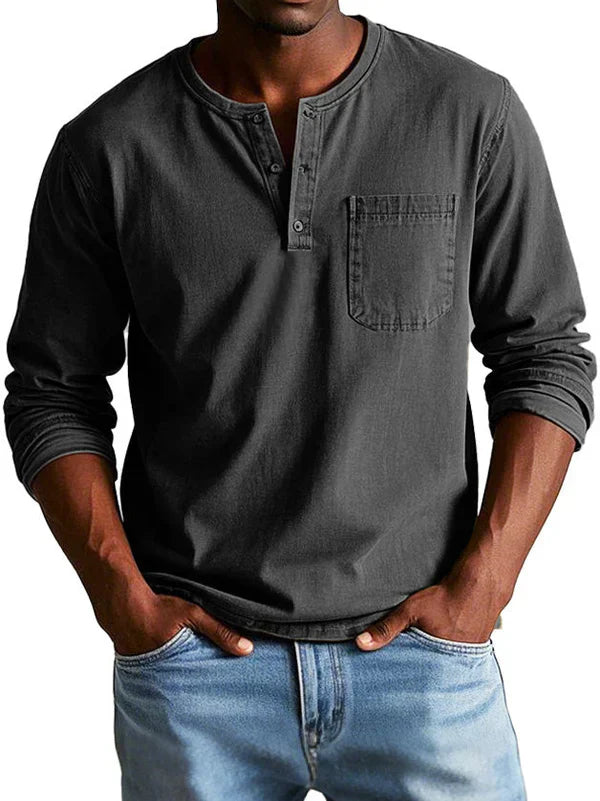 Bronic | Heren Vintage shirt met lange mouwen - Ronde hals, halve knoopsluiting, gewassen casual shirt