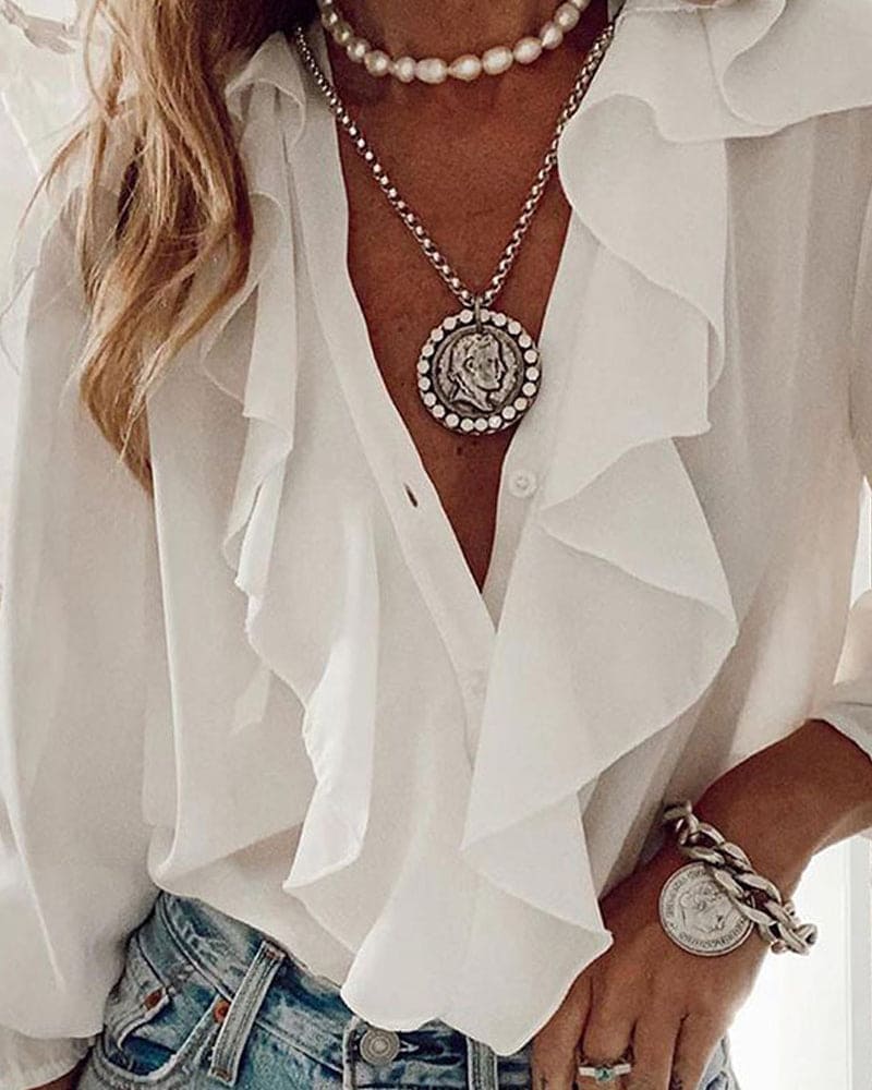 Halyss | Overhemd met lange mouwen met ruches en knoopjes - Elegante blouse voor kantoor en weekend