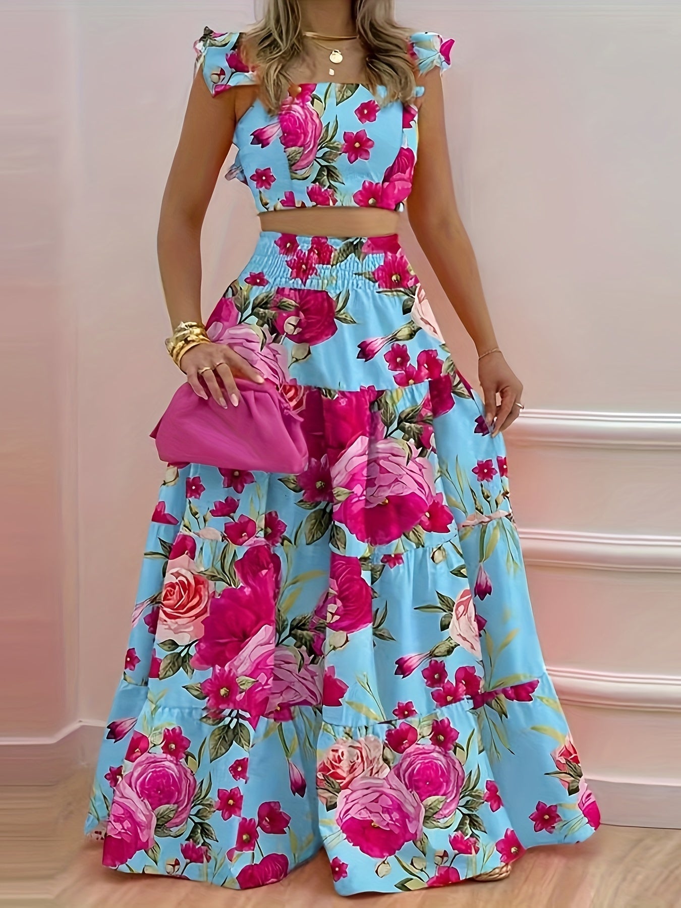 Uletta | Tweedelige set met bloemenprint, top en rok met ruches