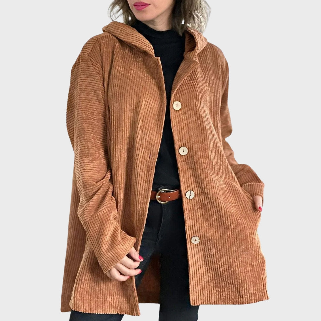 Zavira | Corduroy jas met capuchon voor dames – Comfortabele casual jas met ritssluiting voor herfst en winter