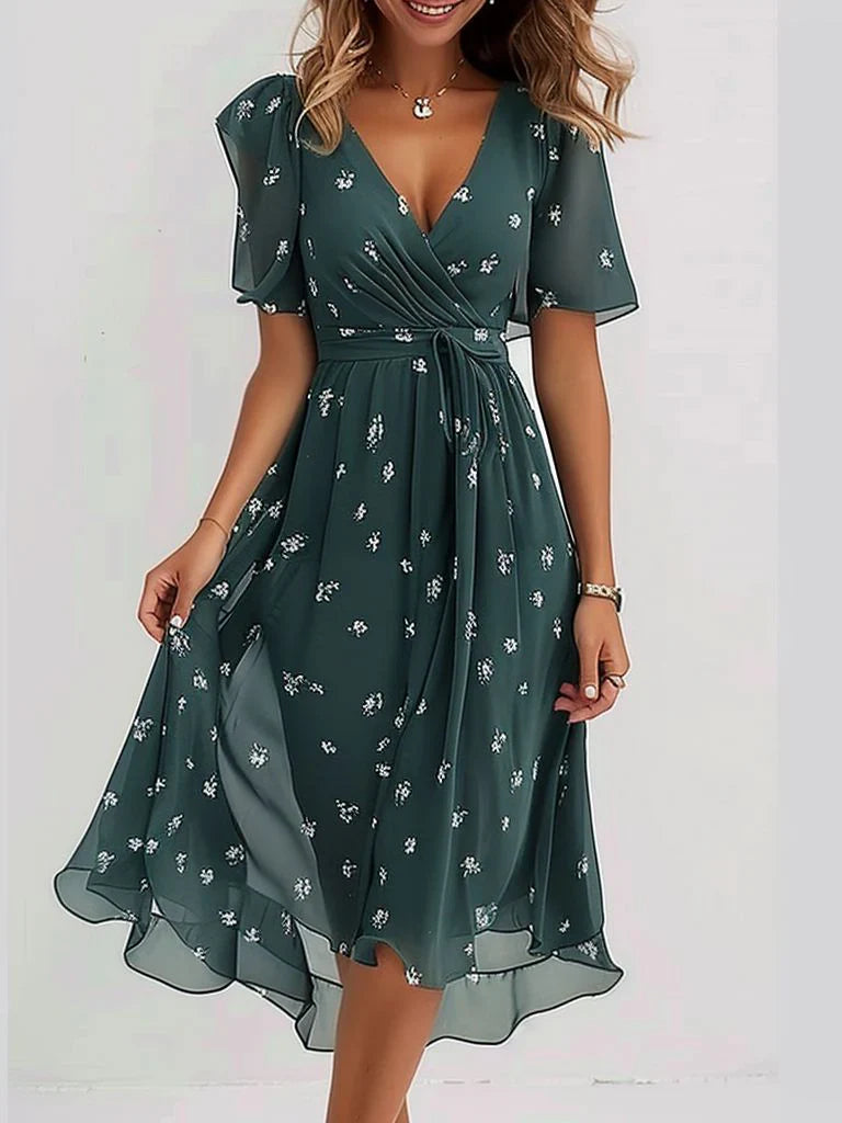 Katleen | Bedrukte chiffon midi-jurk met V-hals - Elegante en stijlvolle damesjurk
