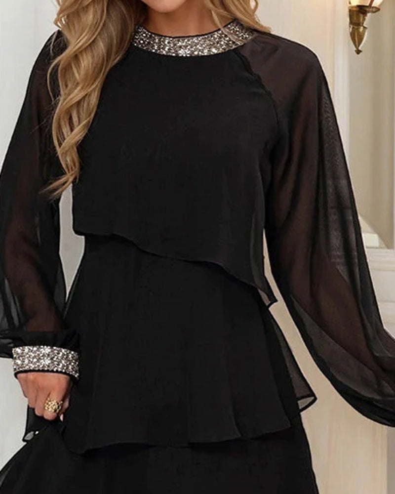 Rhyella | Elegante zwarte chiffon jurk van mesh - avondjurk met lange mouwen, formeel feest en cocktailkleding