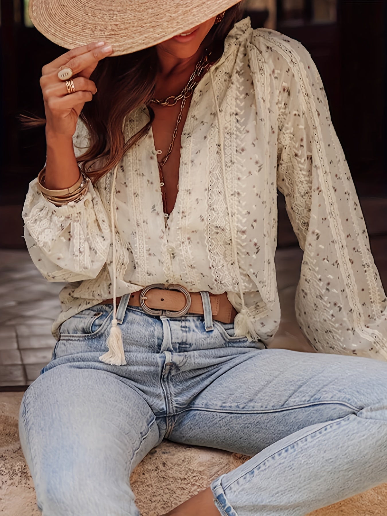 Wina | Dameshemd met bloemenprint en V-hals, lange mouwen - Casual elegante boho blouse