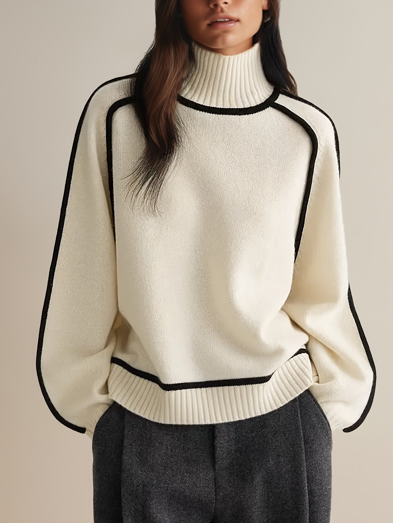 Cecilia | Hoge hals trui voor dames – Contrasterende rand, effen kleur, warme wintertrui