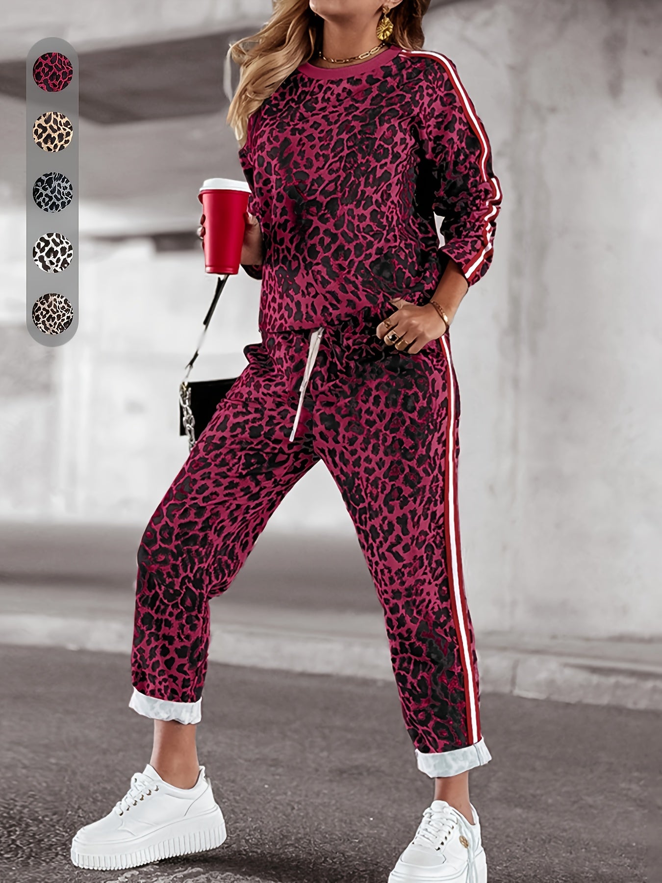 Emryth | Tweedelige vrouwenset met luipaardprint - top met lange mouwen en broek met hoge taille, casual lounge outfit