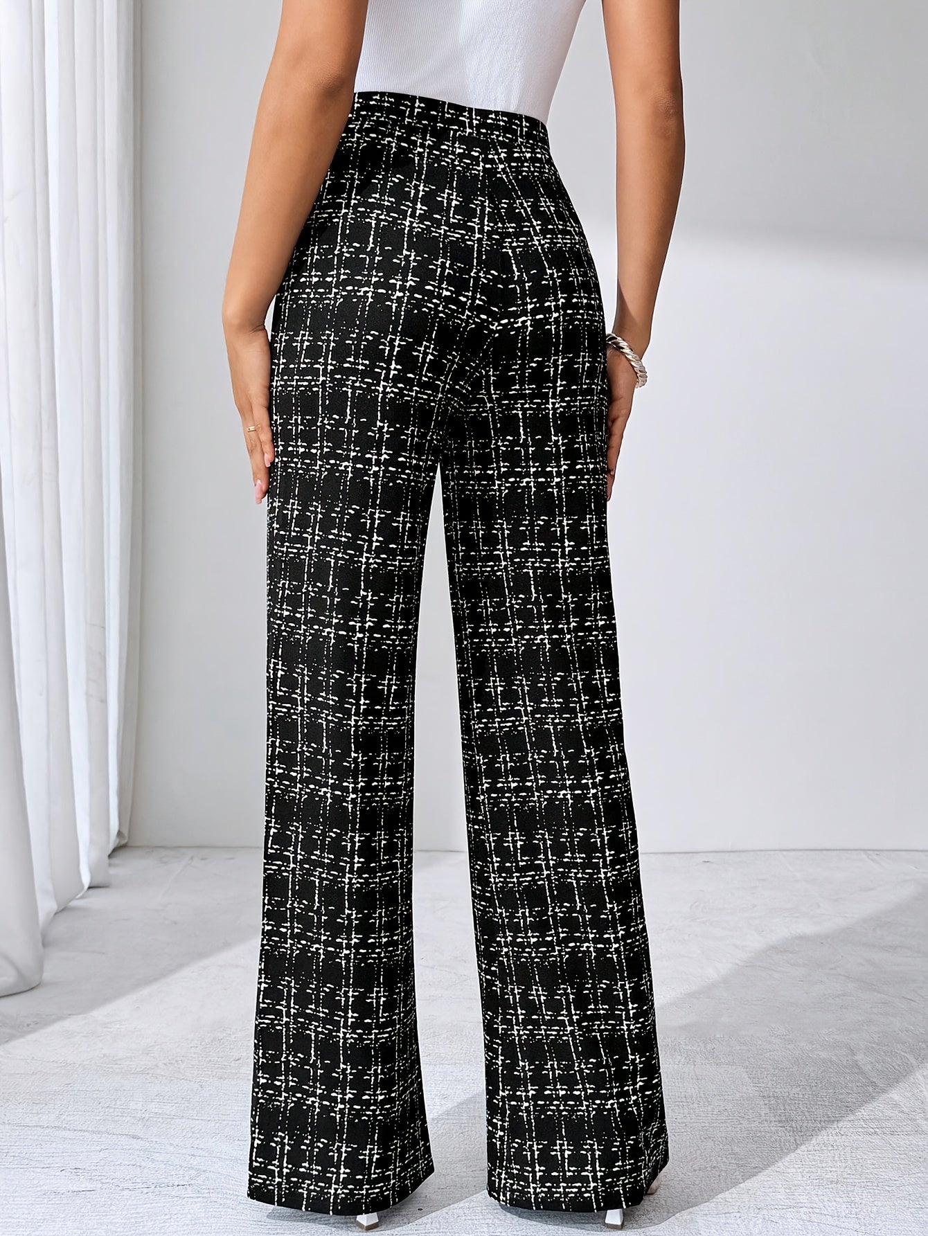 Laverna | Hoge taille geruite tweed flare broek voor dames – Rekbare casual broek met wijde pijpen