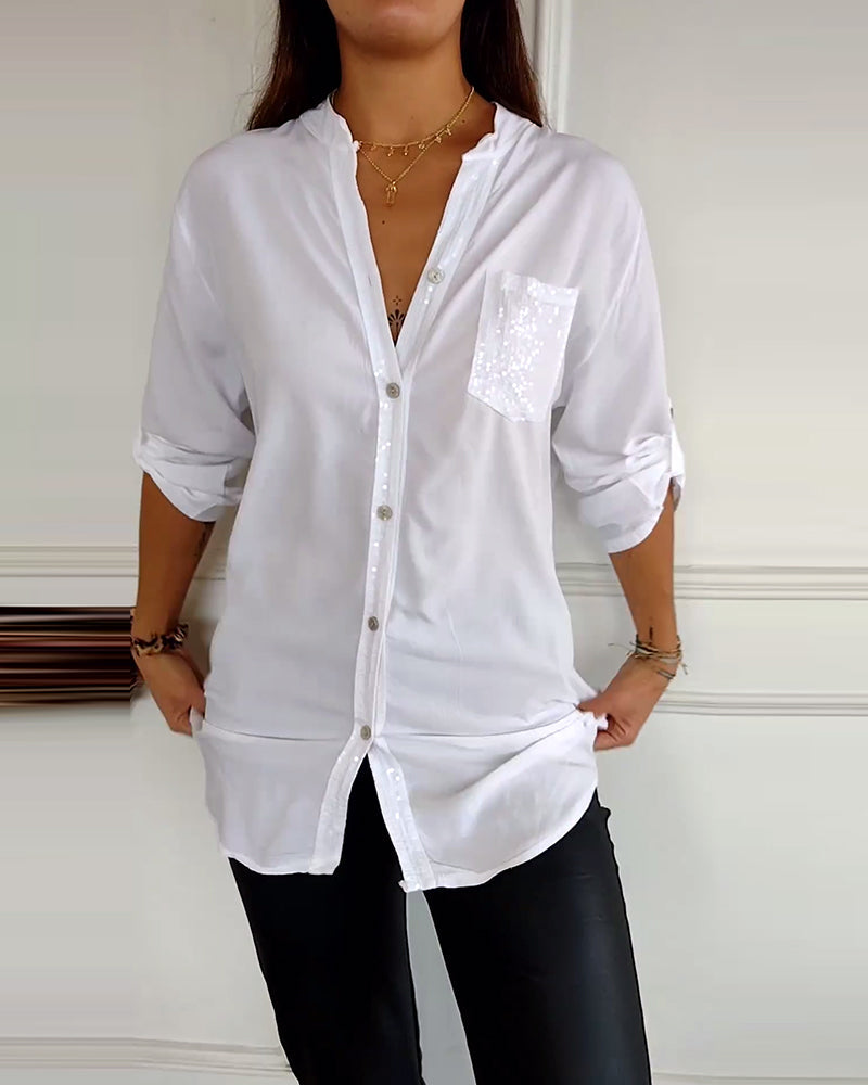 Stella | Elegante Pailletten Blouse - Casual Knoopsluiting Top met Verstelbare Manchetten