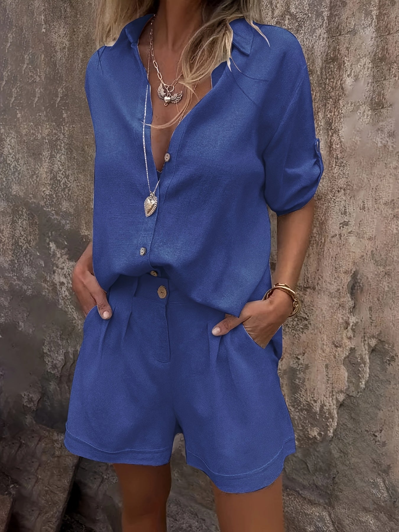 Elasha | Linnen tweedelige set voor dames - oversized overhemd met knoopsluiting & shorts