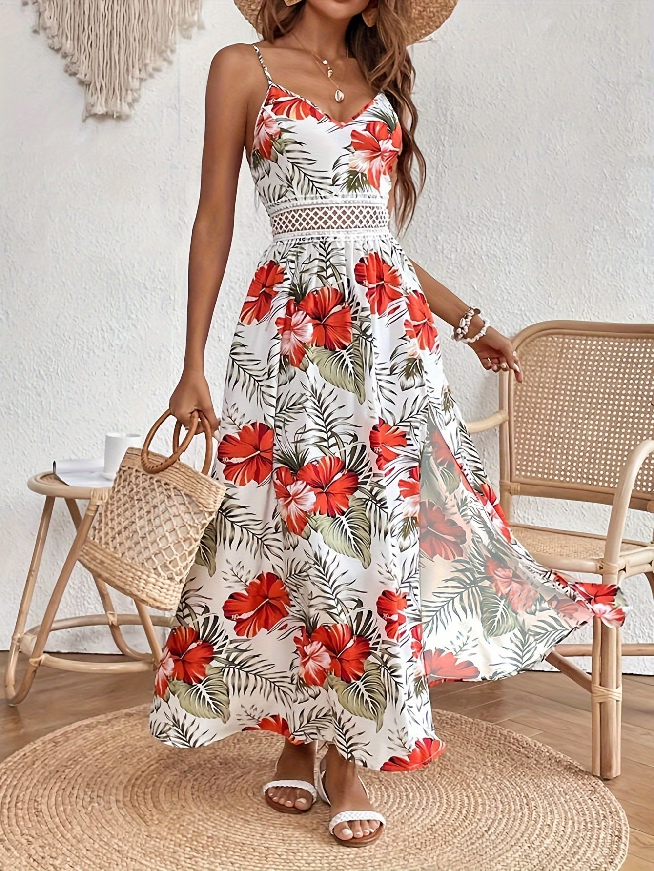 Helma | Spaghettibandjurk met bloemenprint - Elegante Splitjurk zonder mouwen voor vrouwen