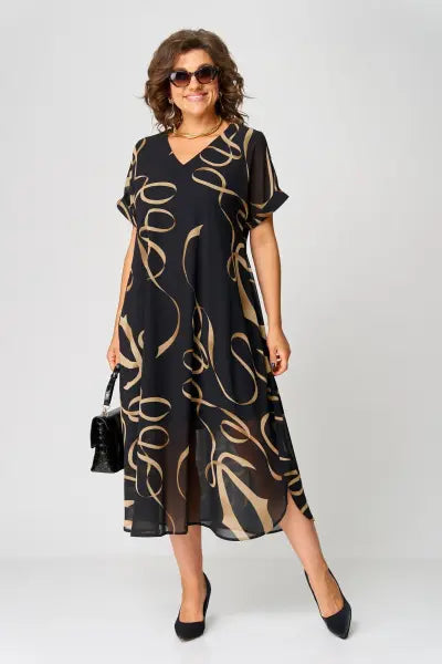 Avalen | Elegante Chiffon Jurk - V-Hals, Korte Mouwen, Lichtgewicht Relaxed Fit Zomerse Midi