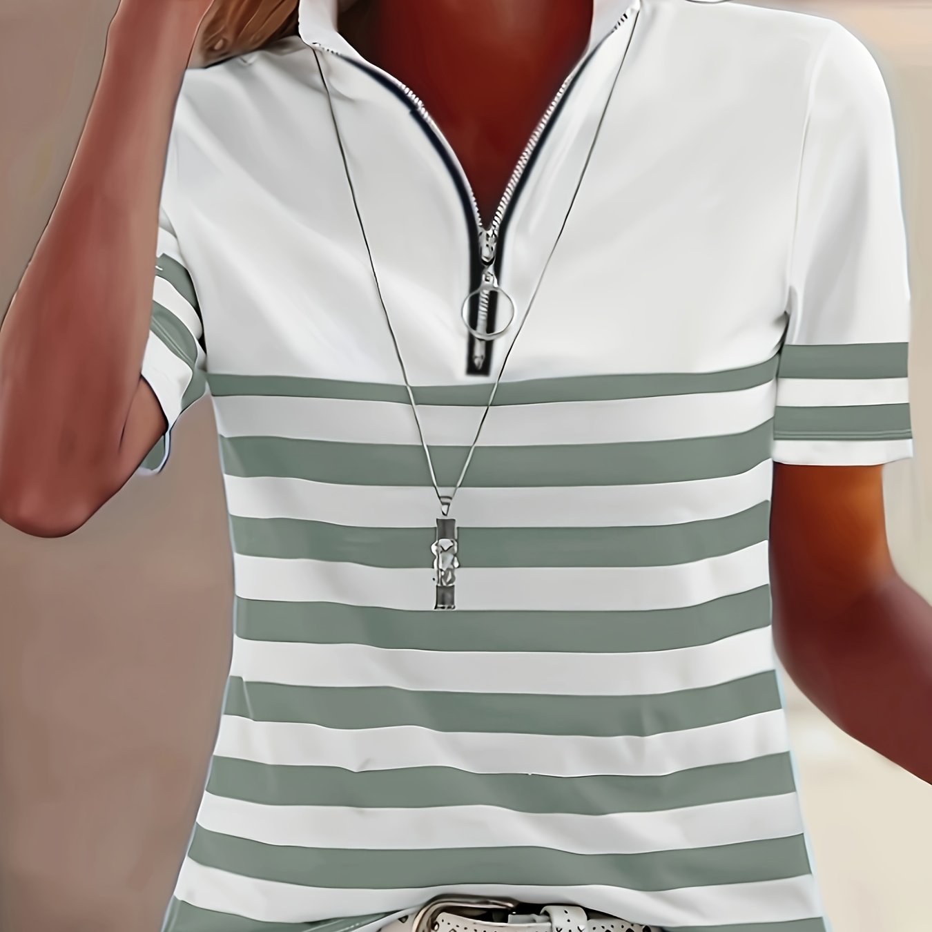 Elanith | Dames Halve Zip Shirt – Korte Mouw, Gestreept, Casual & Sportief Top