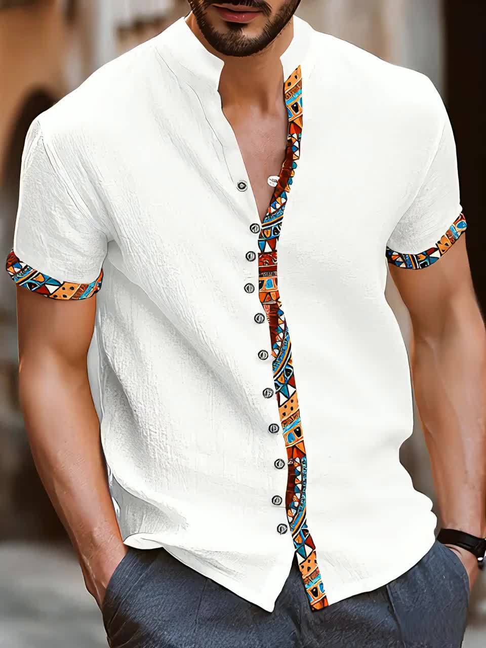 Denison | Overhemd met korte mouwen en geometrische print voor heren - casual overhemd voor vakantie en dagelijkse kleding