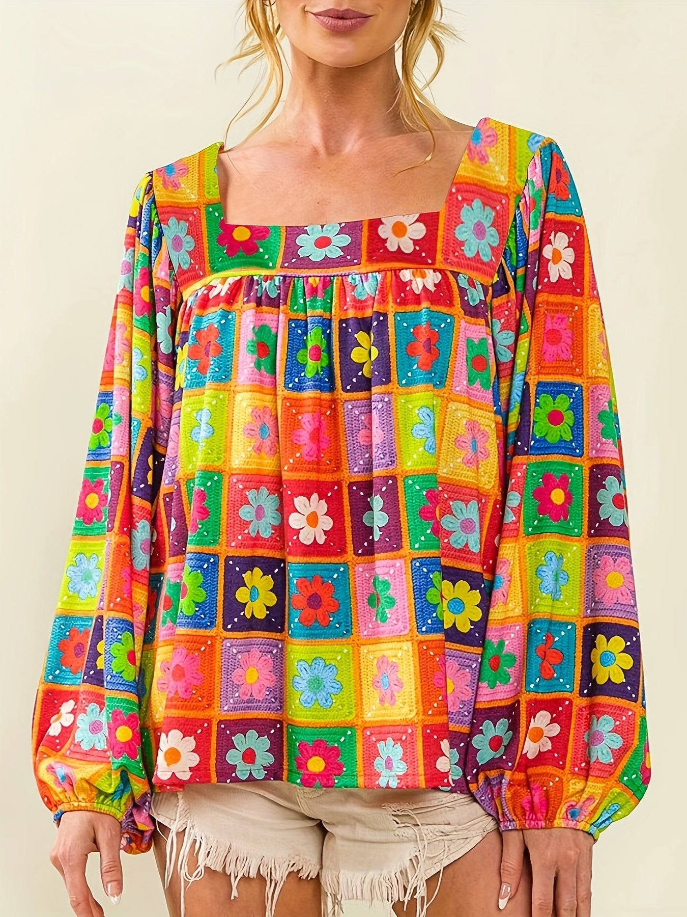Raissa | Vrouwenbloemenblouse met vierkante hals - Lange mouwen, lantaarnmouwen, casual & elegant