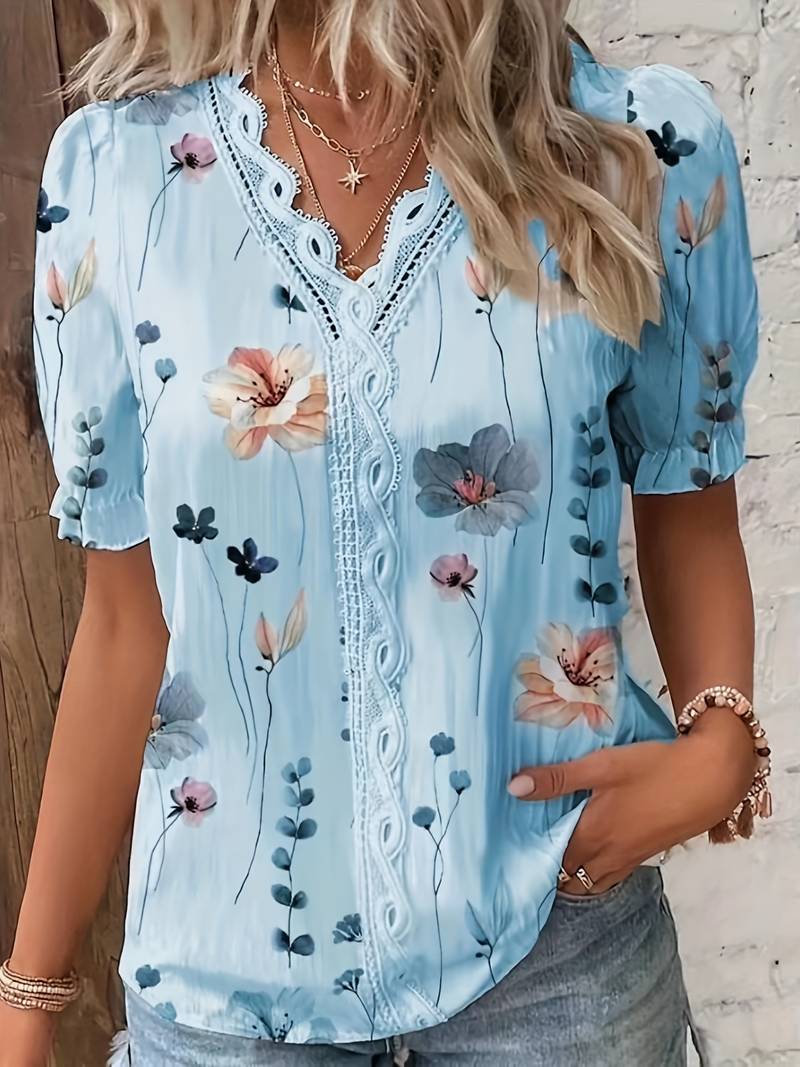 Jonida | Damesbloemenblouse met V-hals en kant - Casual top met korte mouwen