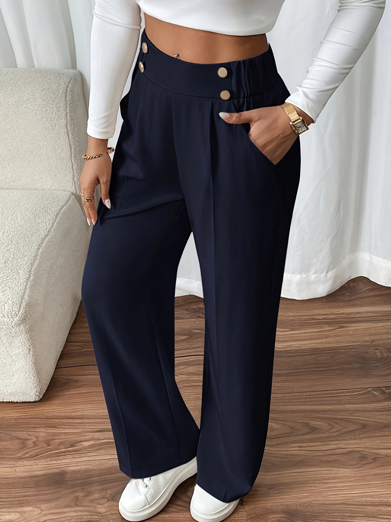 Dimity | Damesbroek met hoge taille en wijde pijpen met knoopsluiting