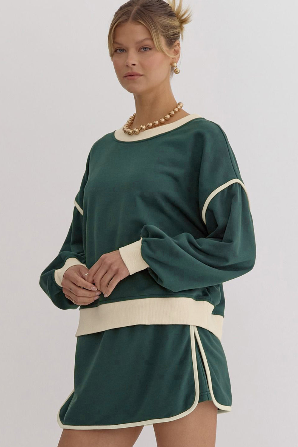 Ylfa | Klassieke kleurcontrast trui & rok-short set voor dames - stijlvolle loszittende set met lace-up taille