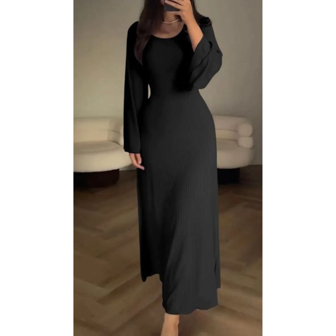 Selma | Geribde Maxi jurk met lange mouwen - Elegante, comfortabele jurk