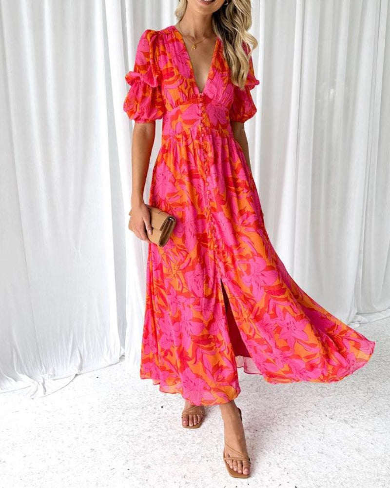 Belithra | Roosrode bloemige maxi jurk met V-hals - vloeiend en elegant