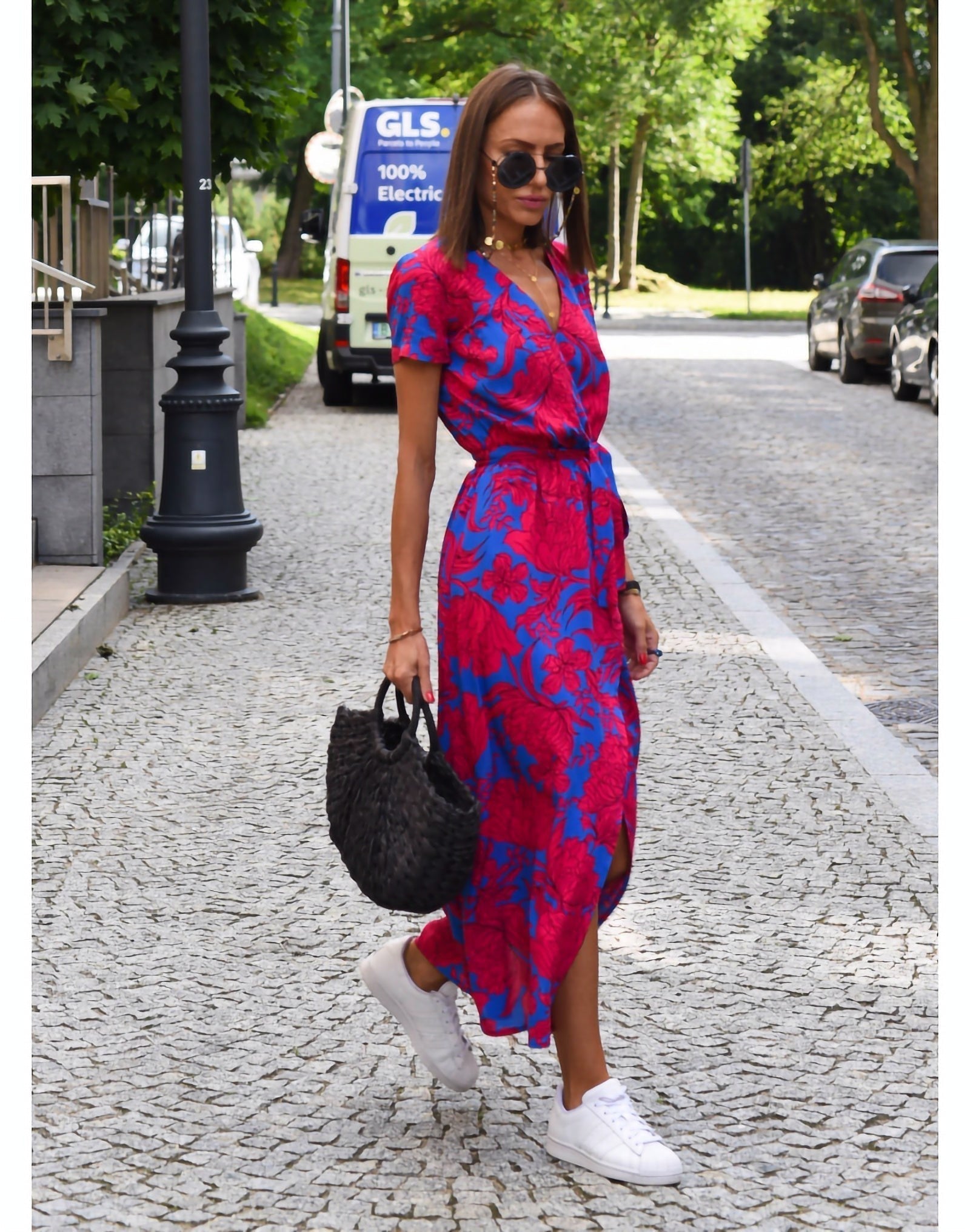 Bledina | Maxi jurk met levendige bloemenprint - Taillekoord, Lichtgewicht jurk