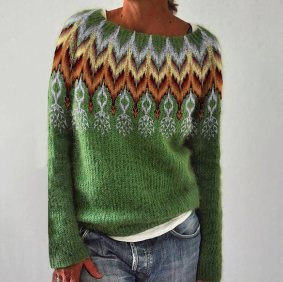 Terynna | Dames Retro Geometrisch Gebreide Trui - Lange Mouw Vintage Pullover