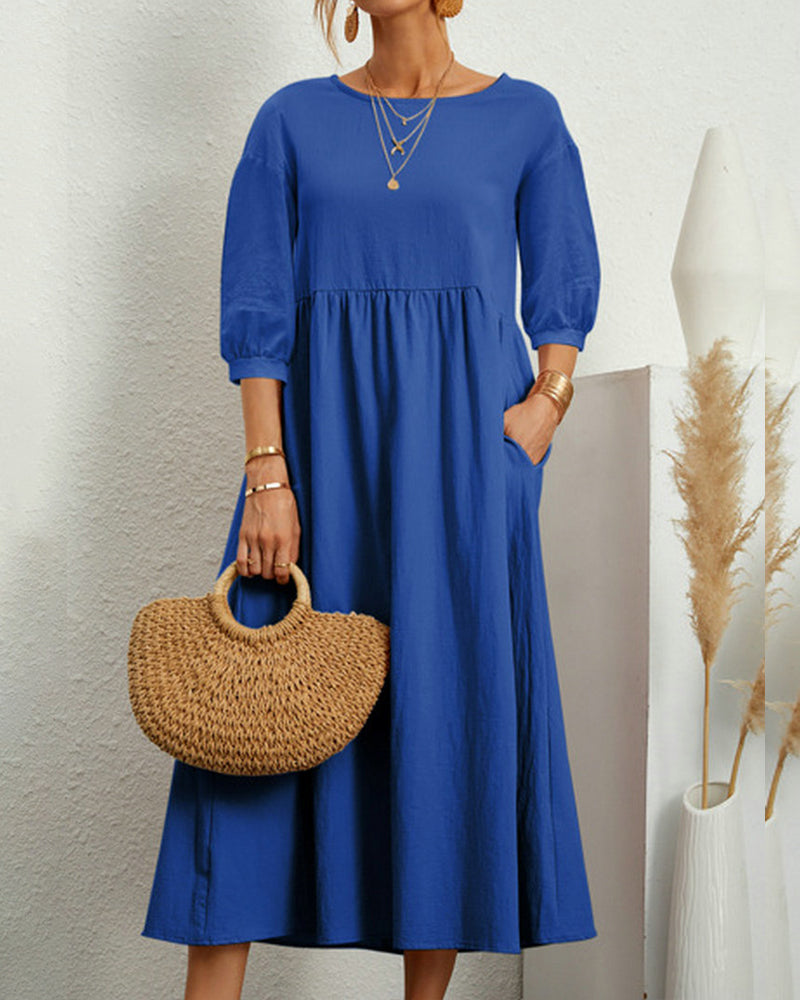 Tiana | Dames Midi-jurk van katoen en linnen - Ballonmouwen, Casual Boho Chic Jurk