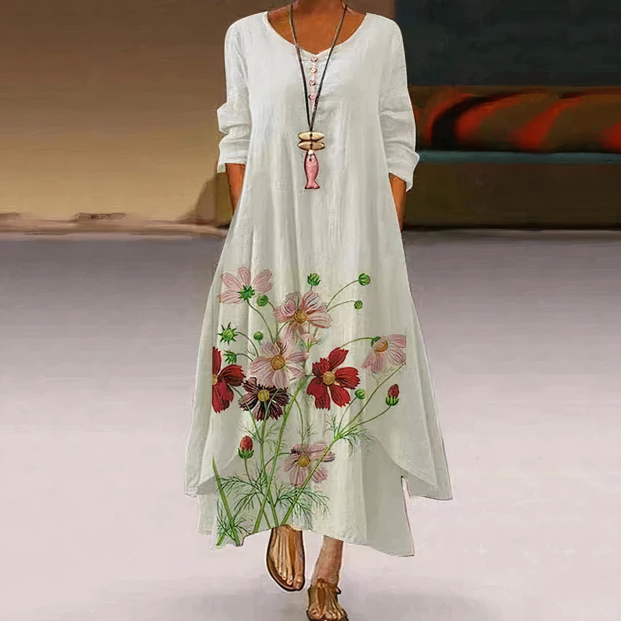 Annelore | Bloemenjurk voor dames – Lange mouwen, boho zomerjurk, elegante casual lichtgewicht jurk