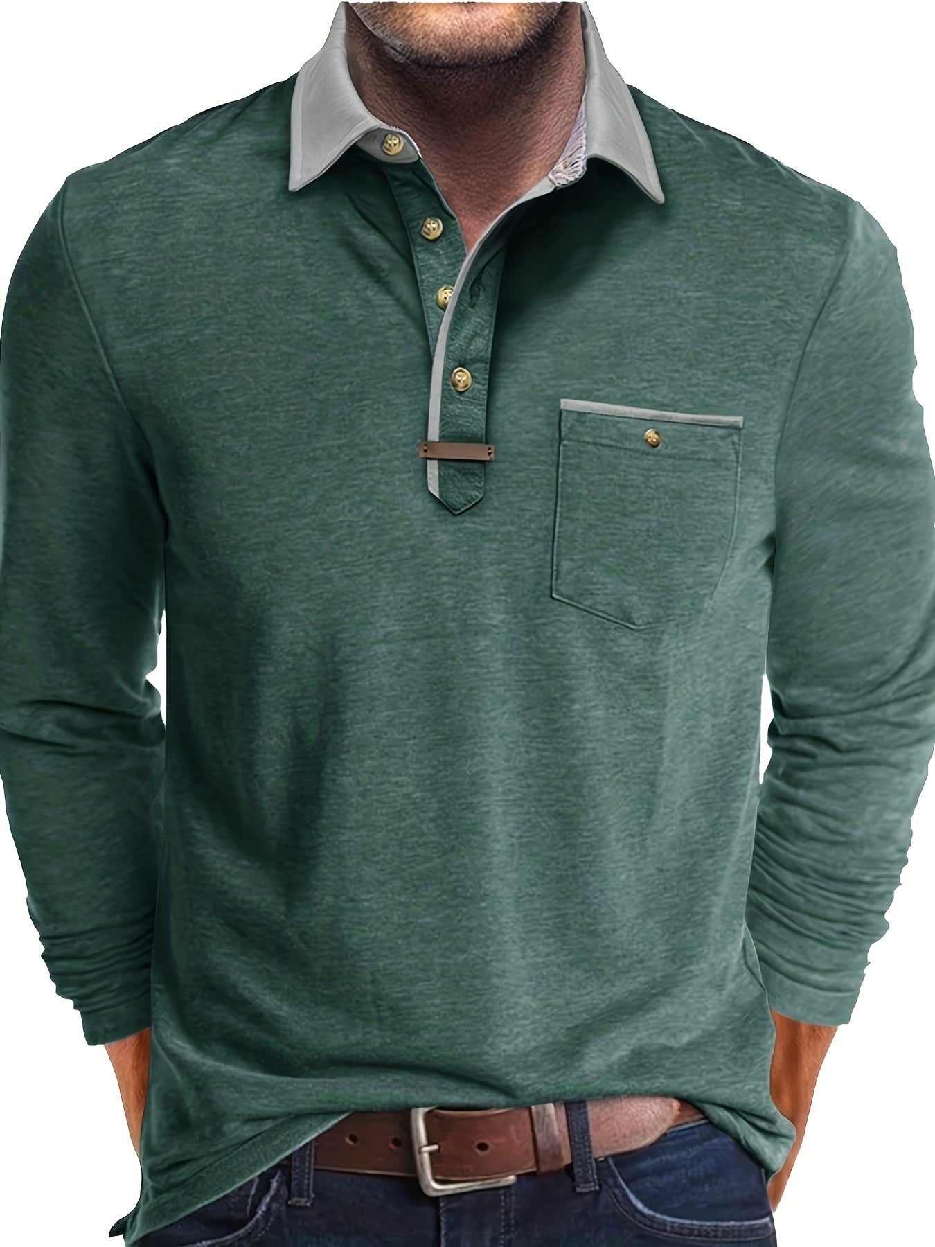 Paulo | Herenpolo met lange mouwen – Casual Henley met kleurblok kraag en borstzak